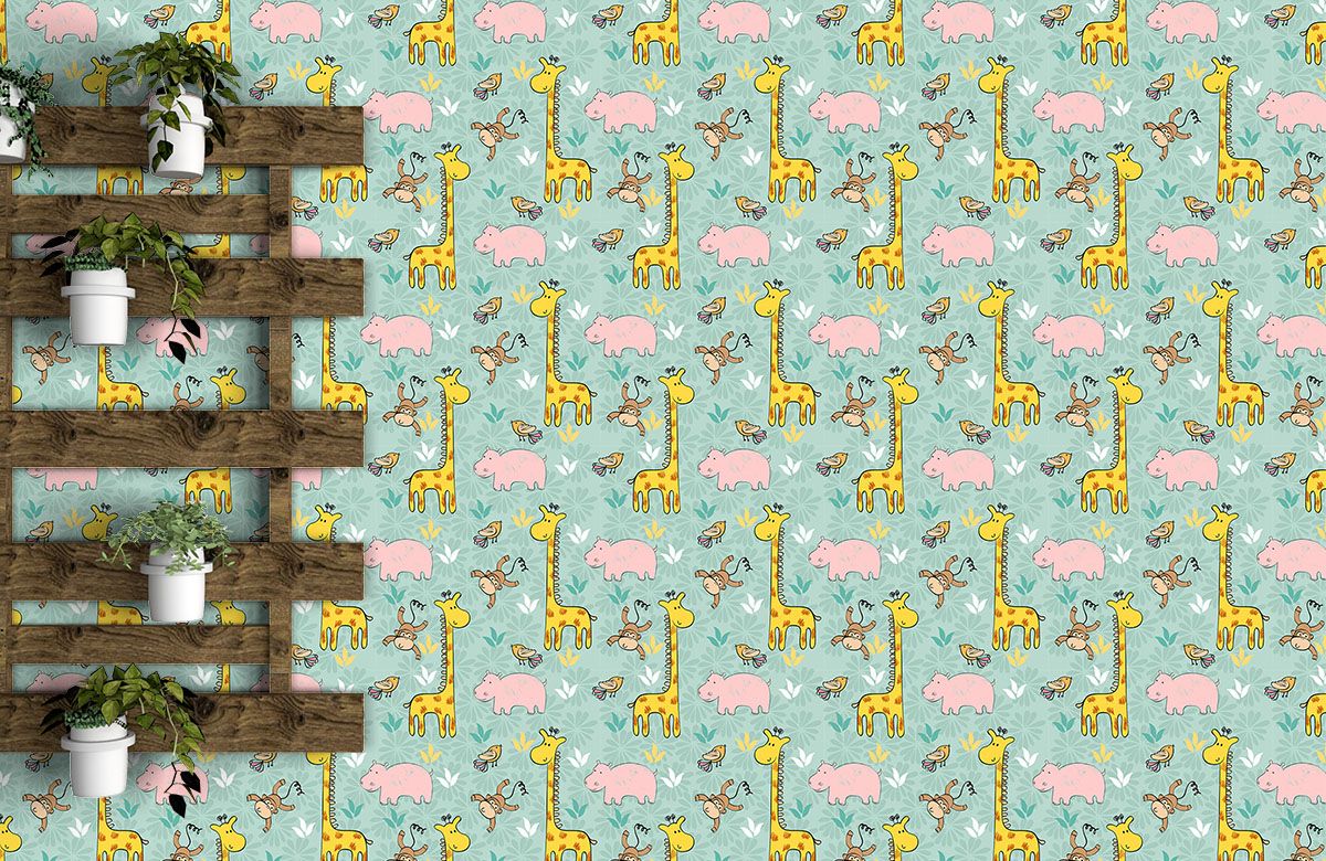 giraffe-monkey-hippo-animals-wallpaper-on-large-wall