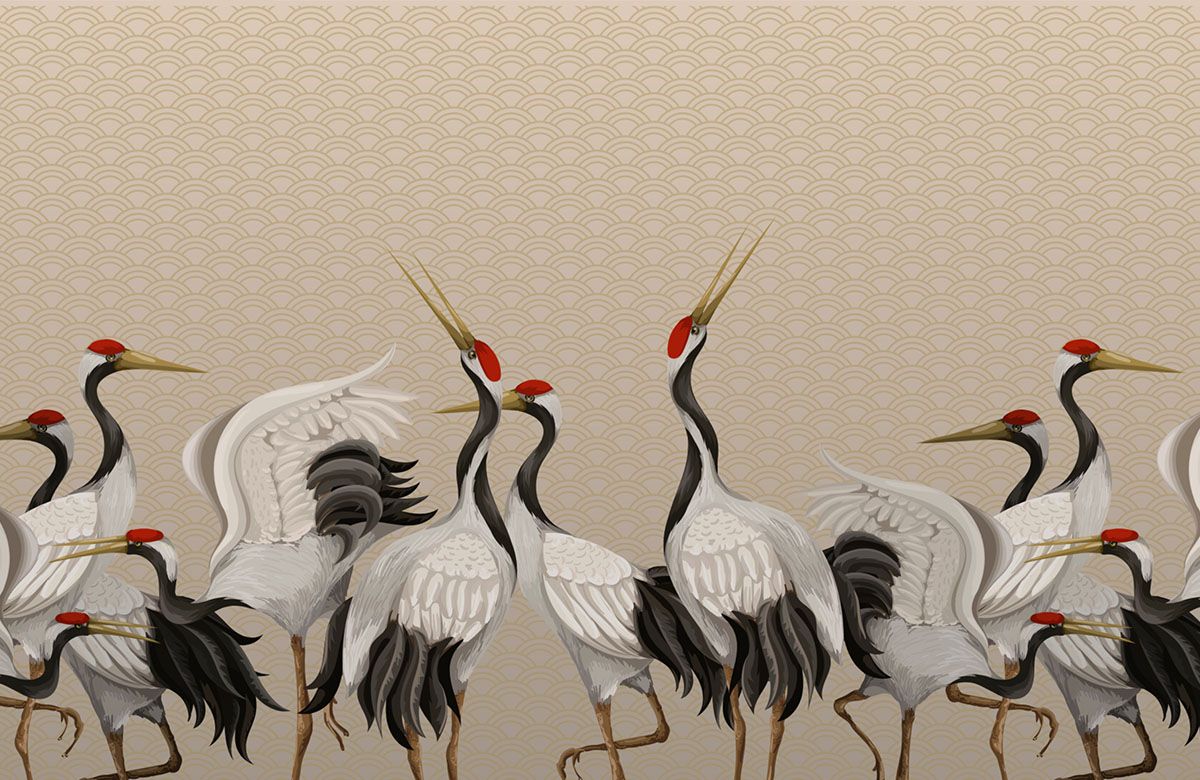 beige-cranes-design-Singular design large mural-roll