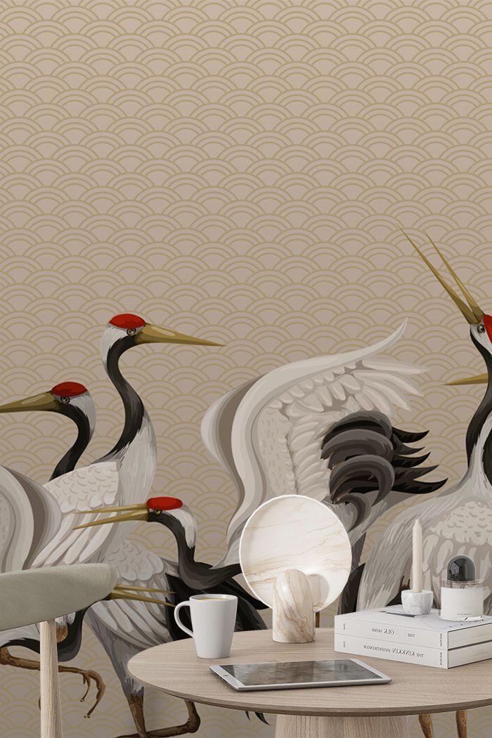 beige-cranes-Singular design large mural-with-side-table