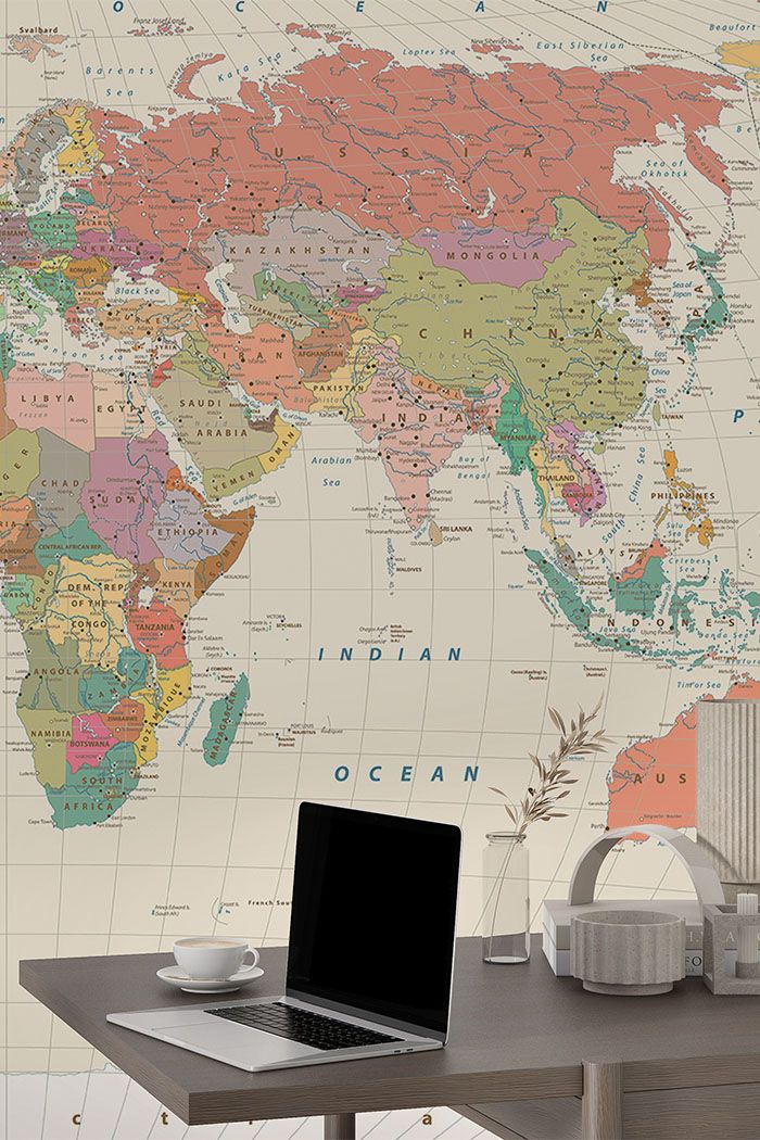 beige-world map-Singular design large mural-with-side-table