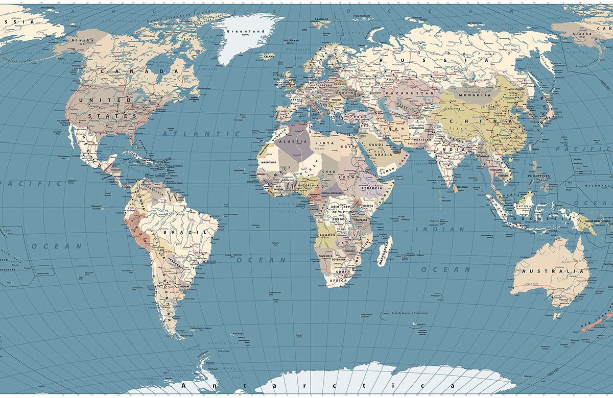 teal-world map-design-Singular design large mural-roll