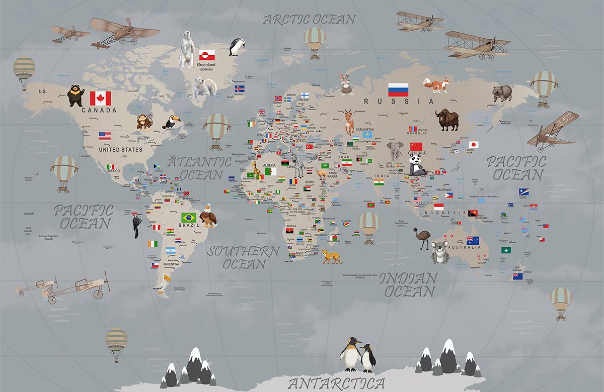 grey-world map-design-Singular design large mural-roll