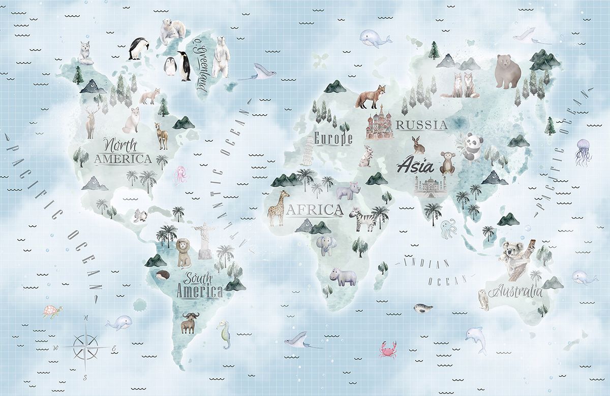 blue-world map-design-Singular design large mural-roll