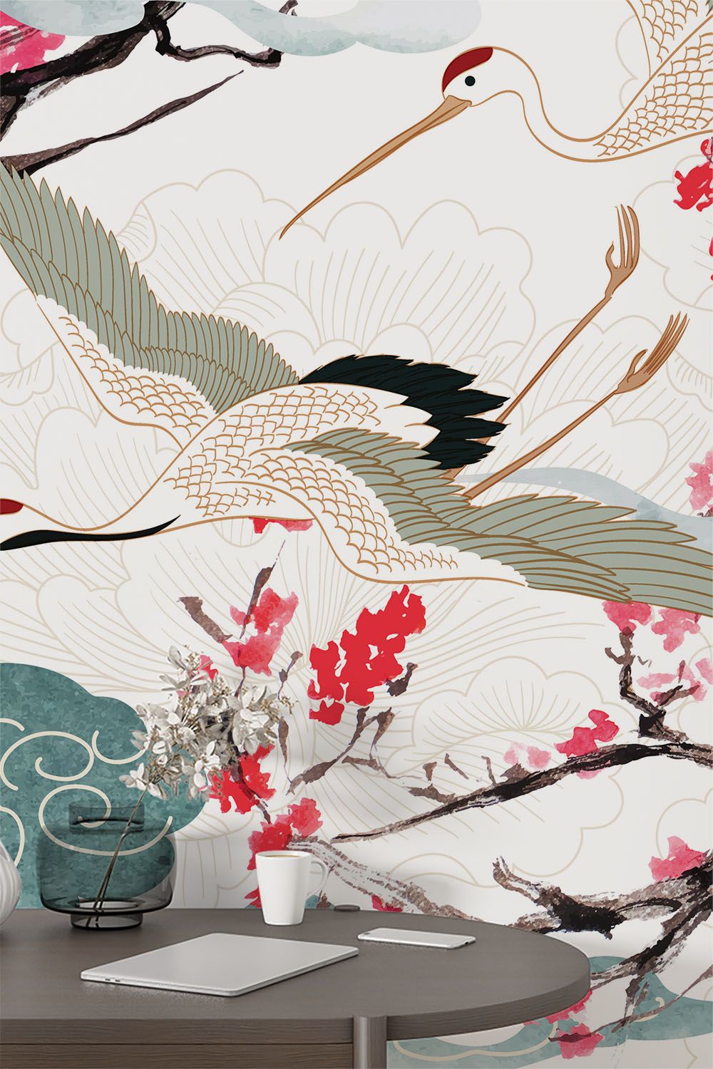 cranes-flying-in-clouds-and-red-blossom-wallpaper-wallpaper-sample