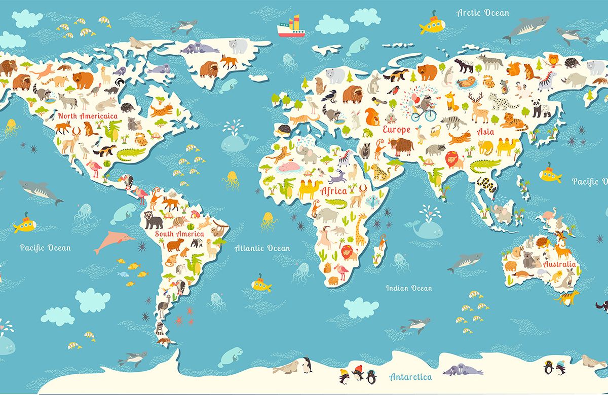 blue-world map-design-Singular design large mural-roll