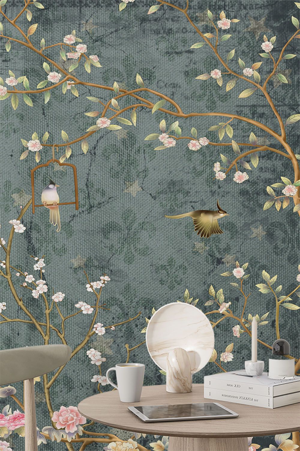 chinoiserie-plants-with-flowers-in-green-wallpaper-wallpaper-sample