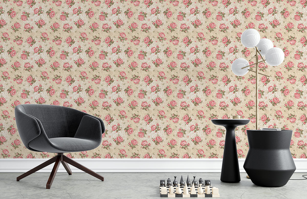 pink-rose-design-Singular design large mural-with-chair
