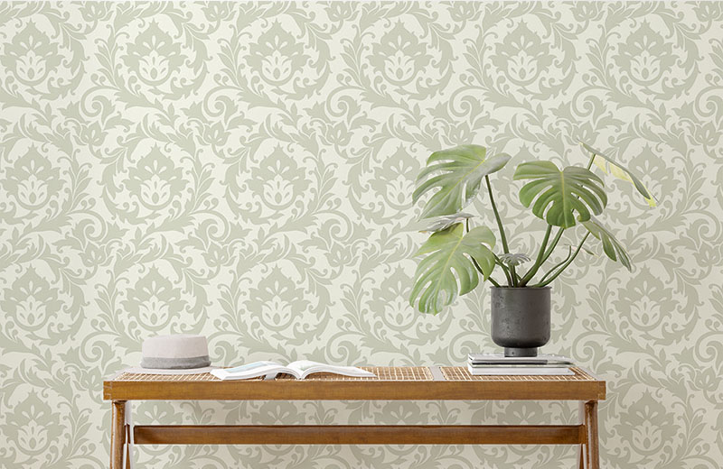 leafy-round-damask-wallpaper-with-side-table
