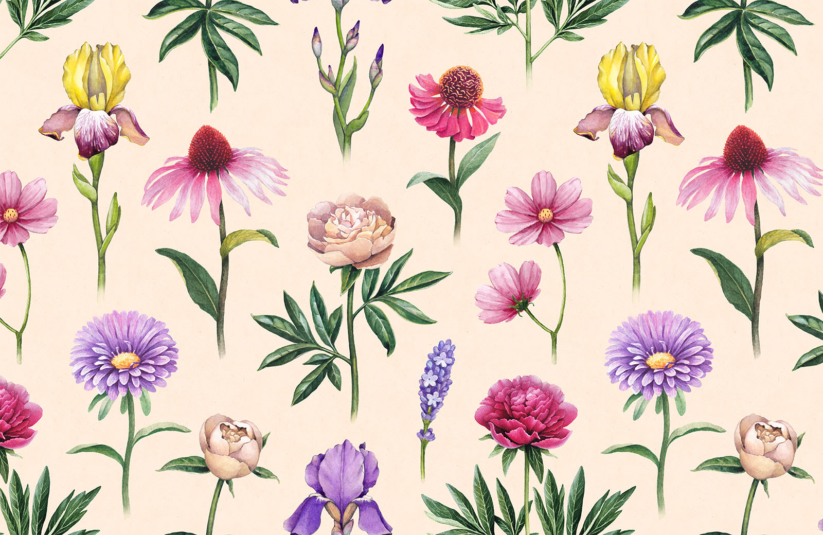 different-flowers-with-stem-and-leaf-wallpaper-design