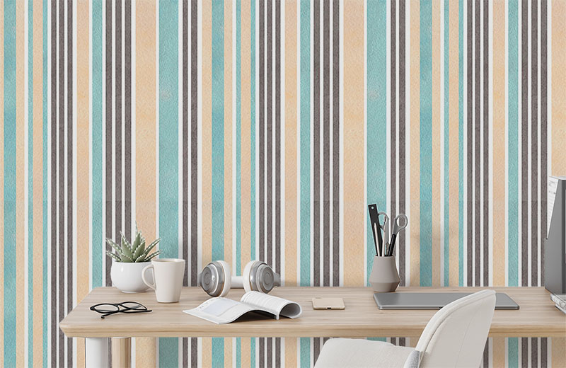 Beige-Brown-Teal-Stripes-Wallpaper-with-side-table