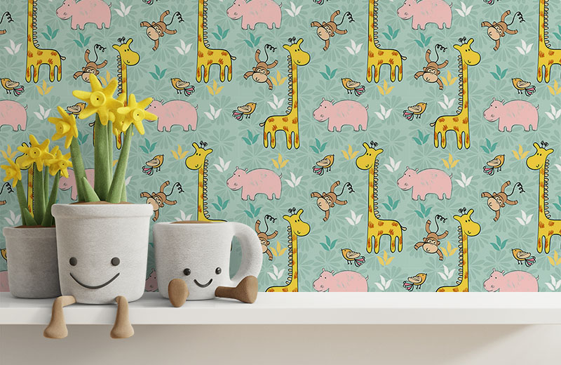 giraffe-monkey-hippo-animals-wallpaper-with-side-table