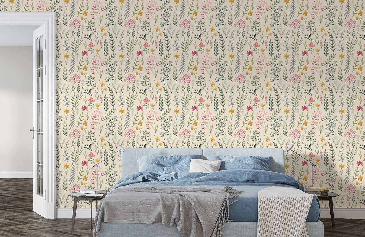 leaves-pattern-in-watercolour-design-wallpapers-in-front-of-bed