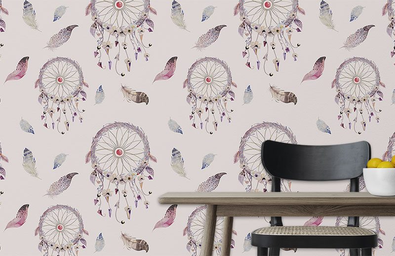 pink-dreamcatcher-with-feathers-wallpaper-with-side-table