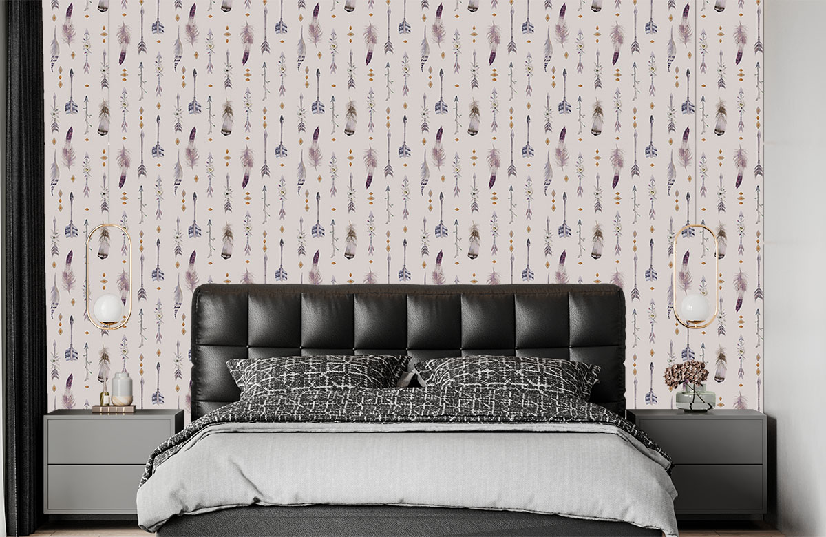 arrows-and-feathers-pattern-wallpapers-in-front-of-bed