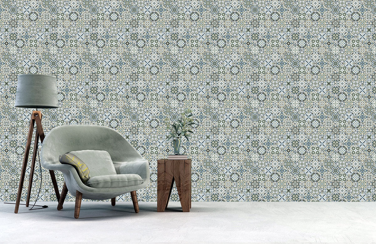green-ethnic-design-Seamless design repeat pattern wallpaper-with-chair