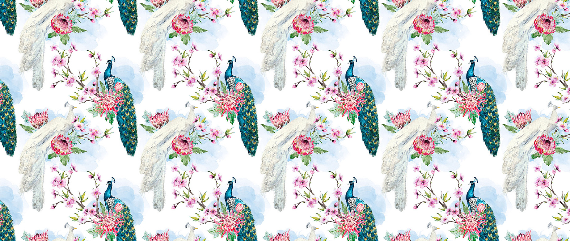 white-peacock-design-Seamless design repeat pattern wallpaper-in-wide-room