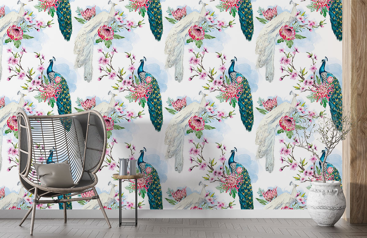 white-peacock-design-Seamless design repeat pattern wallpaper-with-chair