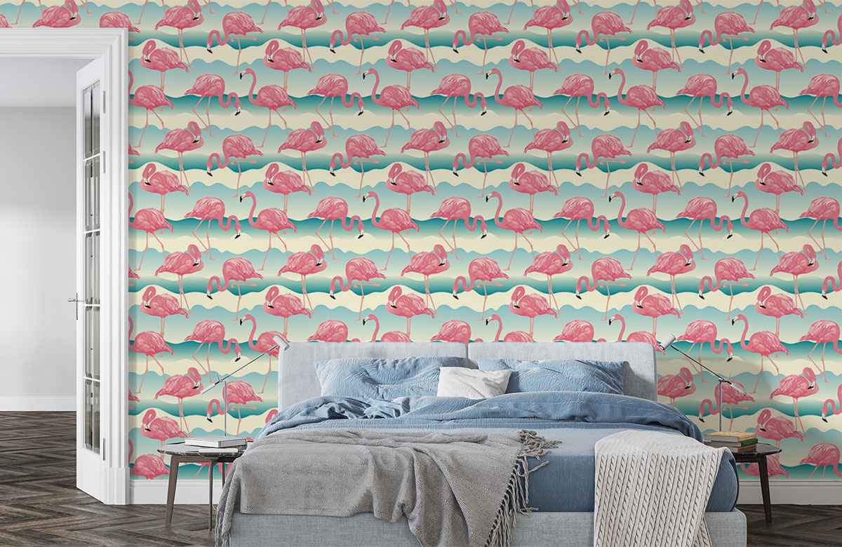 pink-flamingo-in-water-pattern-wallpapers-in-front-of-bed