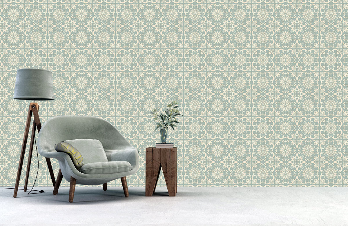 green -damask-design-Singular design large mural-with-chair