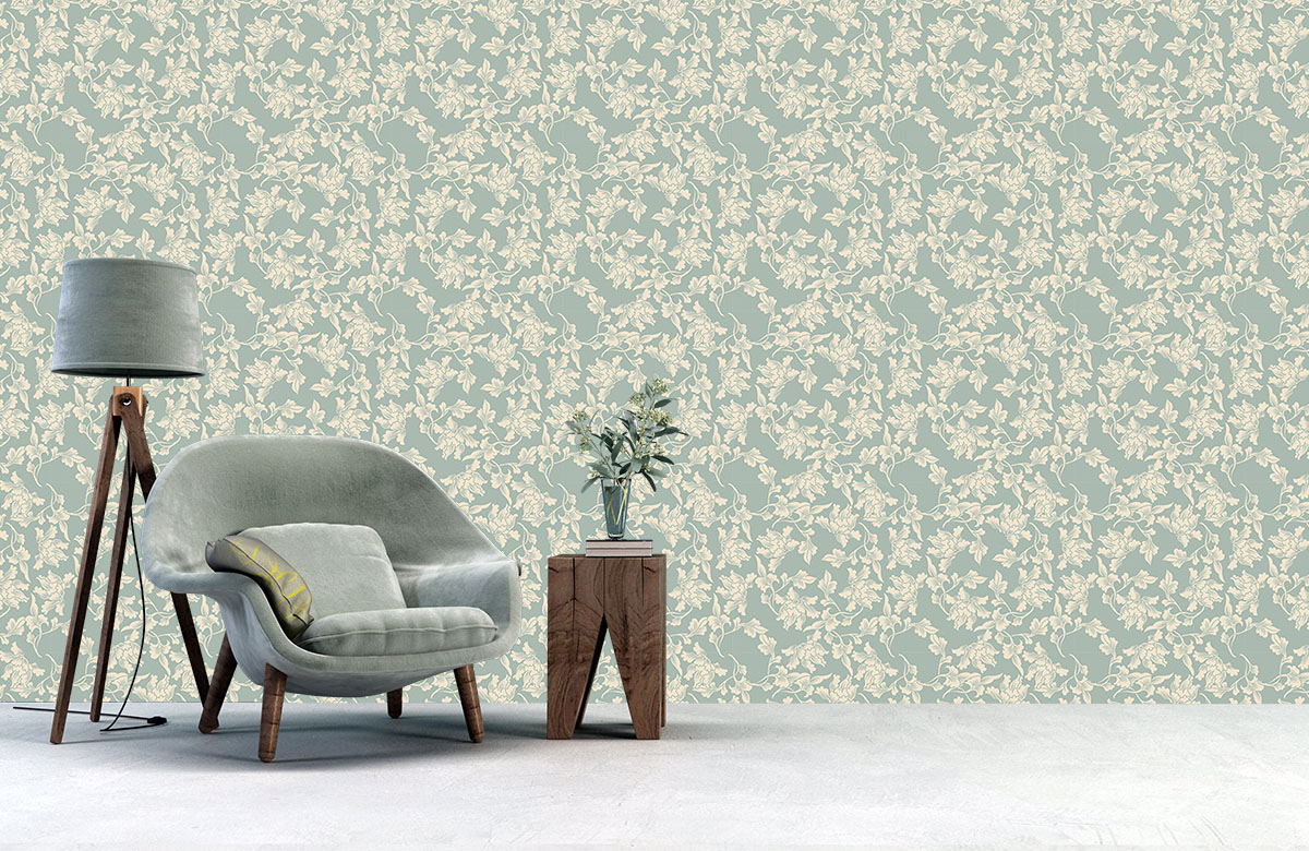 green -floral-design-Singular design large mural-with-chair