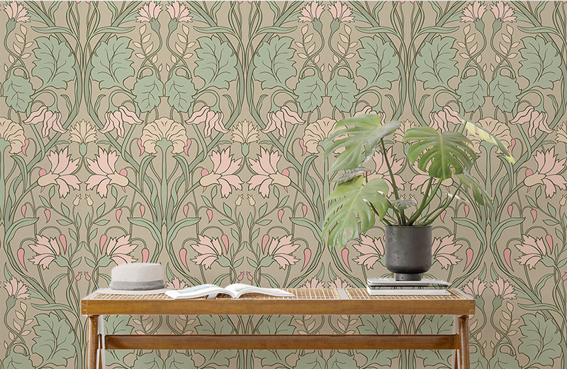large-floral-leaf-damask-wallpaper-with-side-table