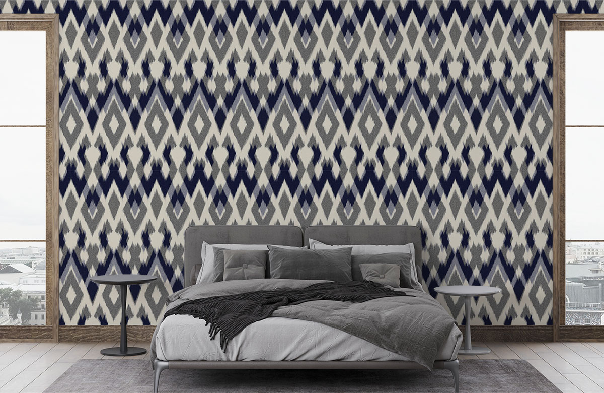 ikat-pattern-design-in-fabric-wallpapers-in-front-of-bed