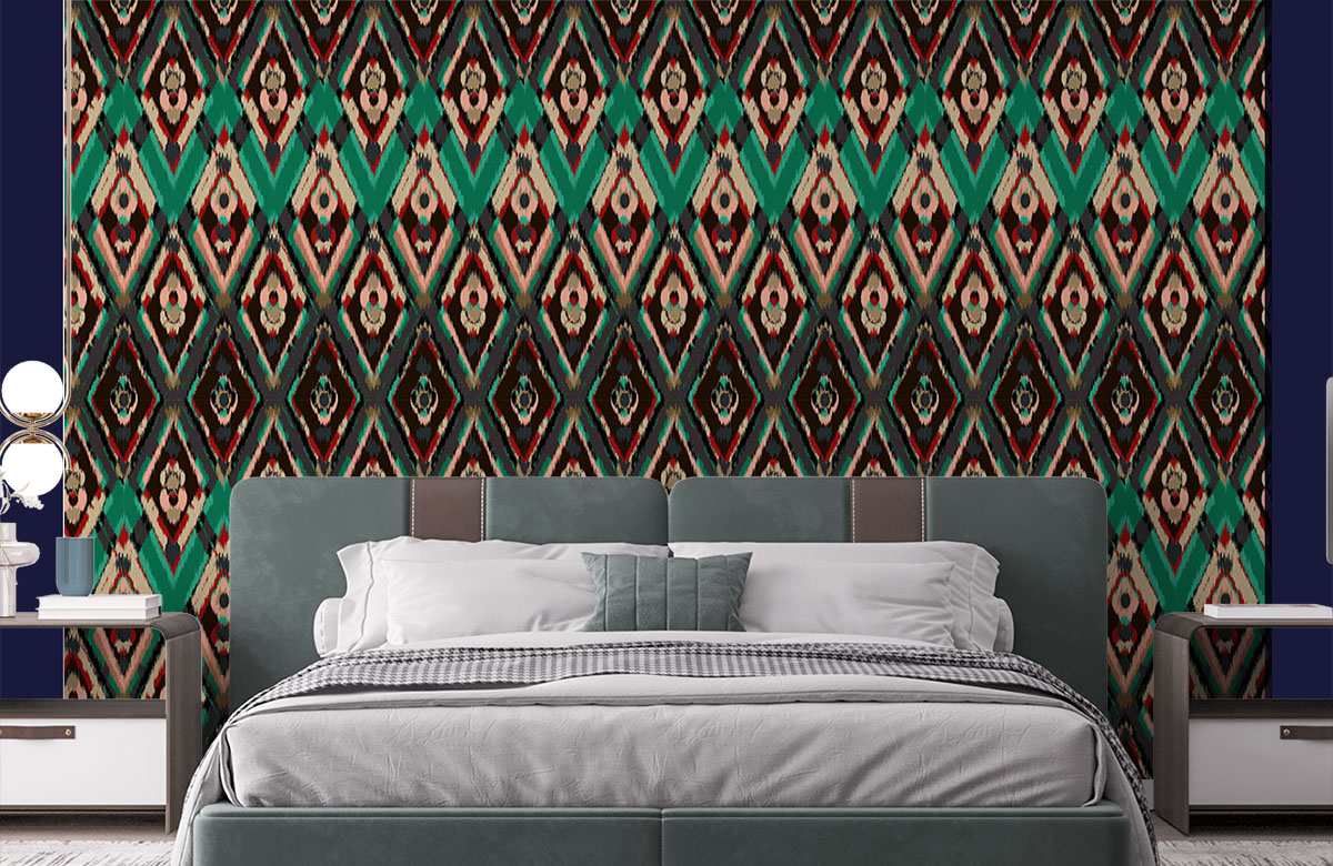 dark-complex-ikat-pattern-wallpapers-in-front-of-bed