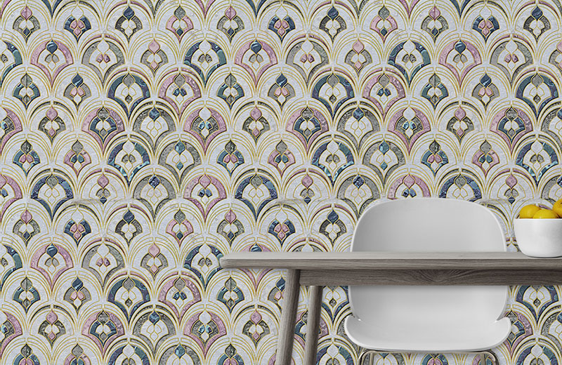 ornate-shell-tiles-wallpaper-with-side-table