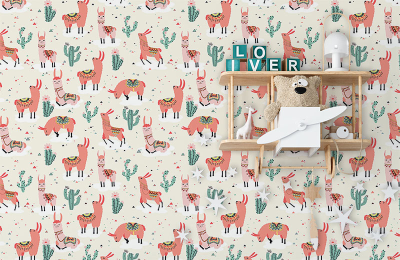 beige-happy-llama-wallpaper-with-side-table