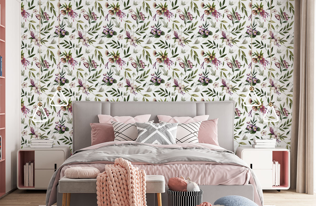 flowers-and-leaves-in-watercolour-wallpapers-in-front-of-bed