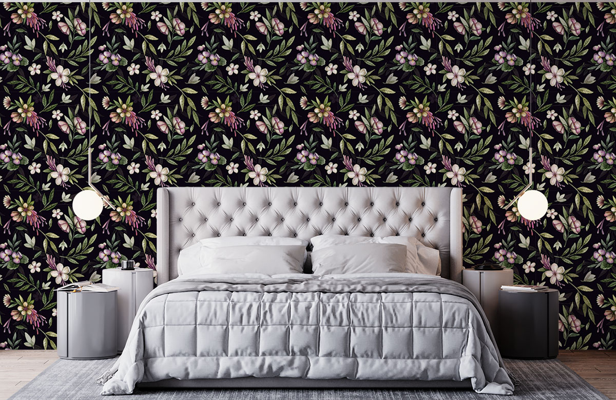 dark-flowers-and-leaves-in-watercolour-wallpapers-in-front-of-bed