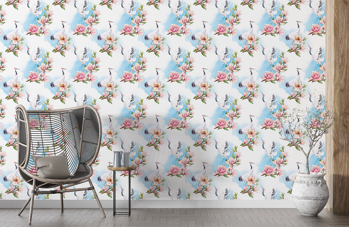  white-cranes-design-Singular design large mural-with-chair