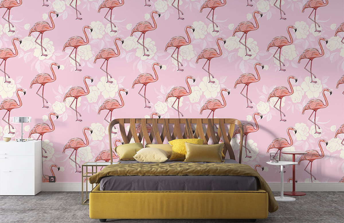 pink-flamingos-with-flowers-wallpapers-in-front-of-bed