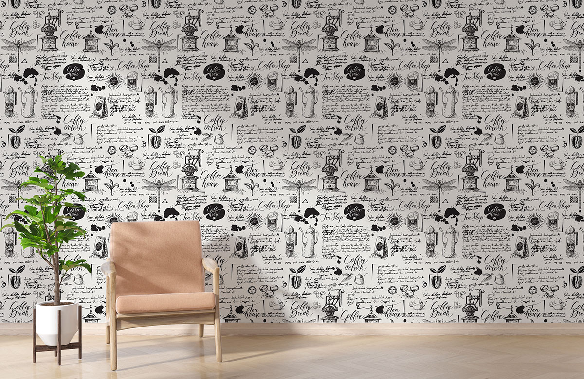 white-coffee-design-Seamless design repeat pattern wallpaper-with-chair