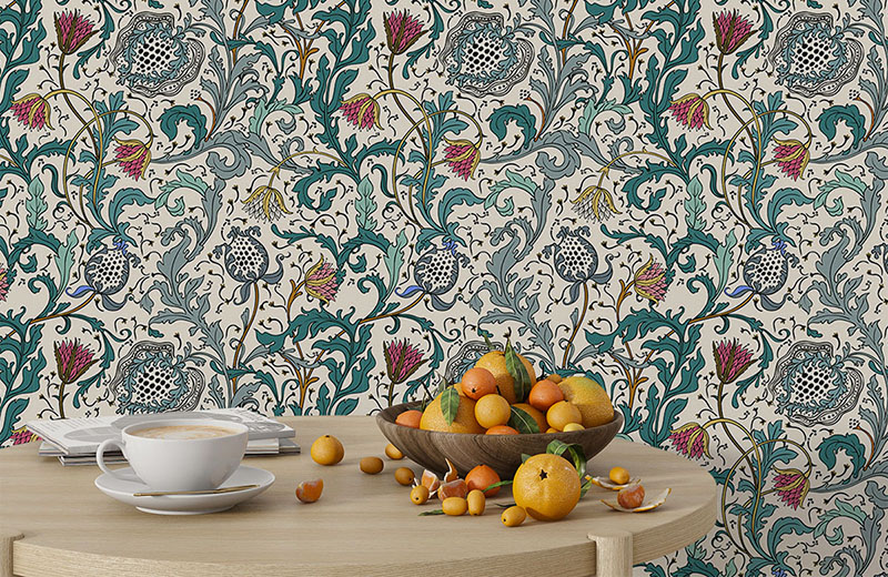 ornate-leaf-flower-artwork-wallpaper-with-side-table