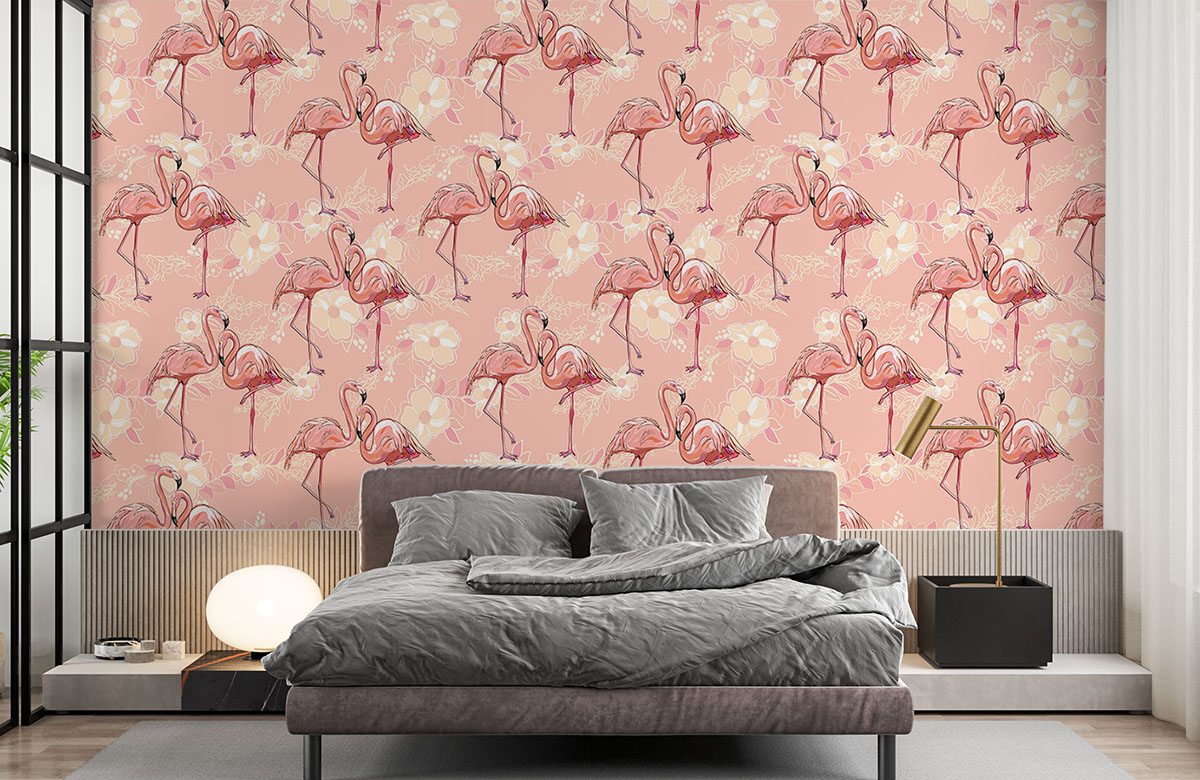 orange-flamingos-with-flowers-wallpapers-in-front-of-bed