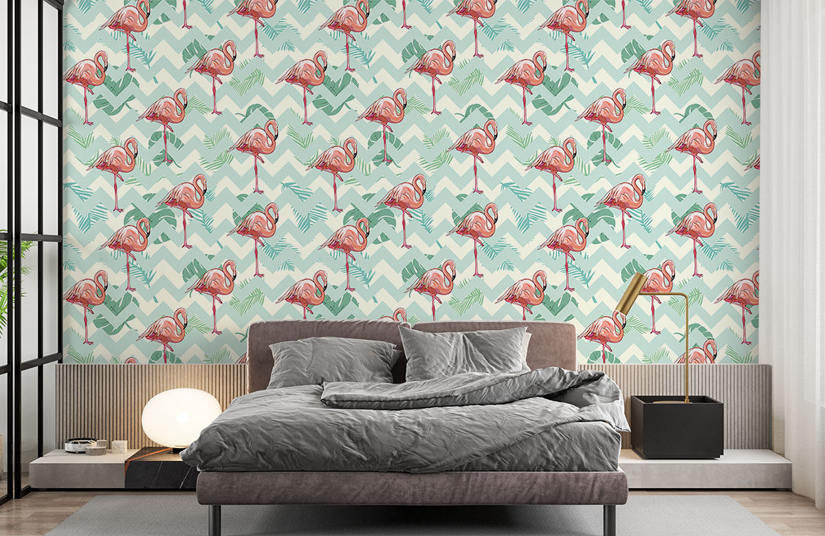 flamingos-on-modern-geometric-pattern-wallpapers-in-front-of-bed