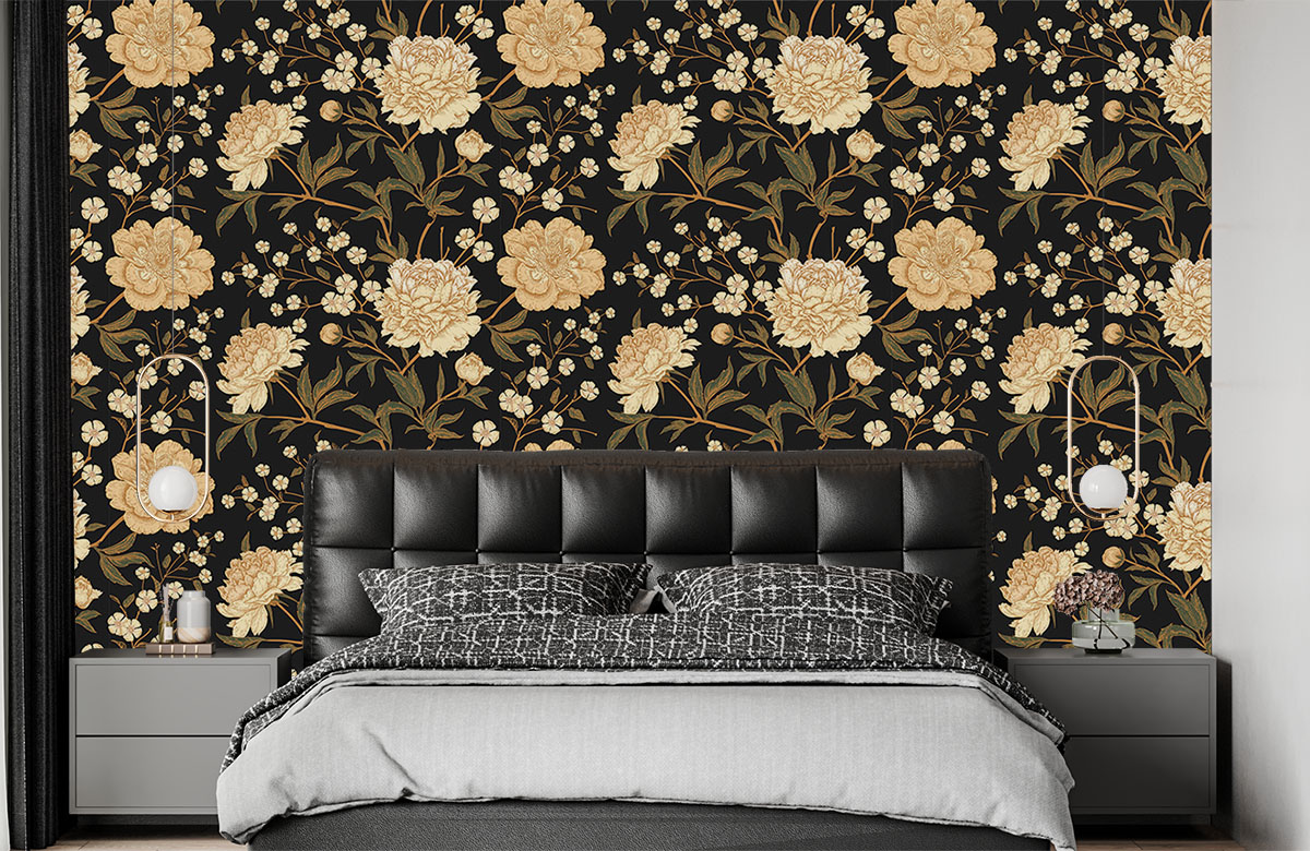 golden-peonies-in-dark-wallpapers-in-front-of-bed