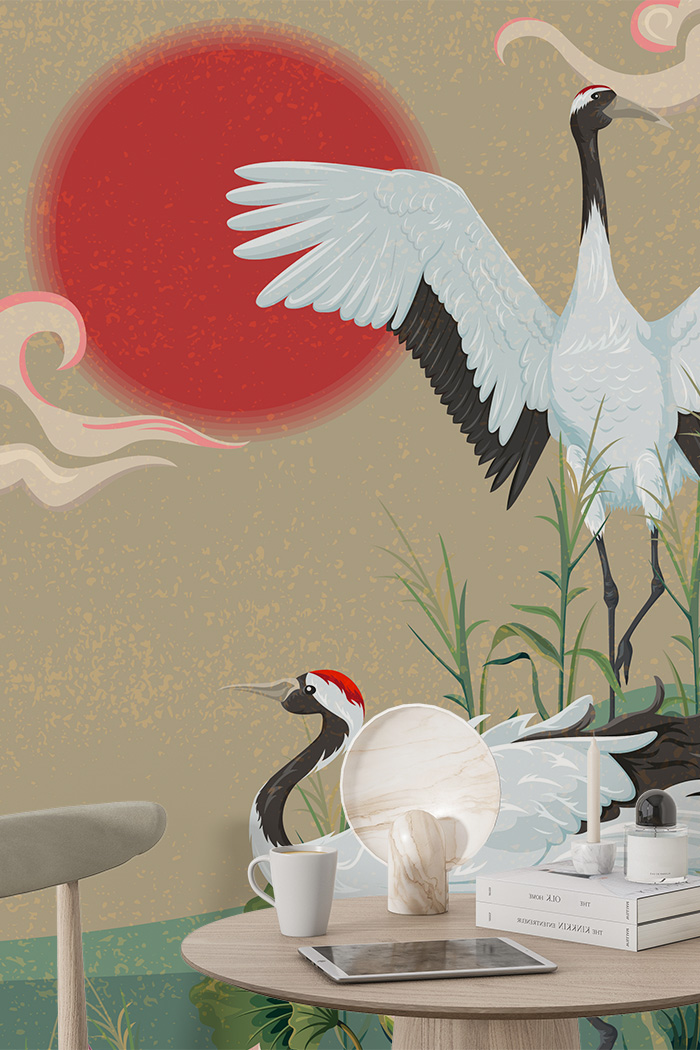 green-cranes-Singular design large mural-with-side-table