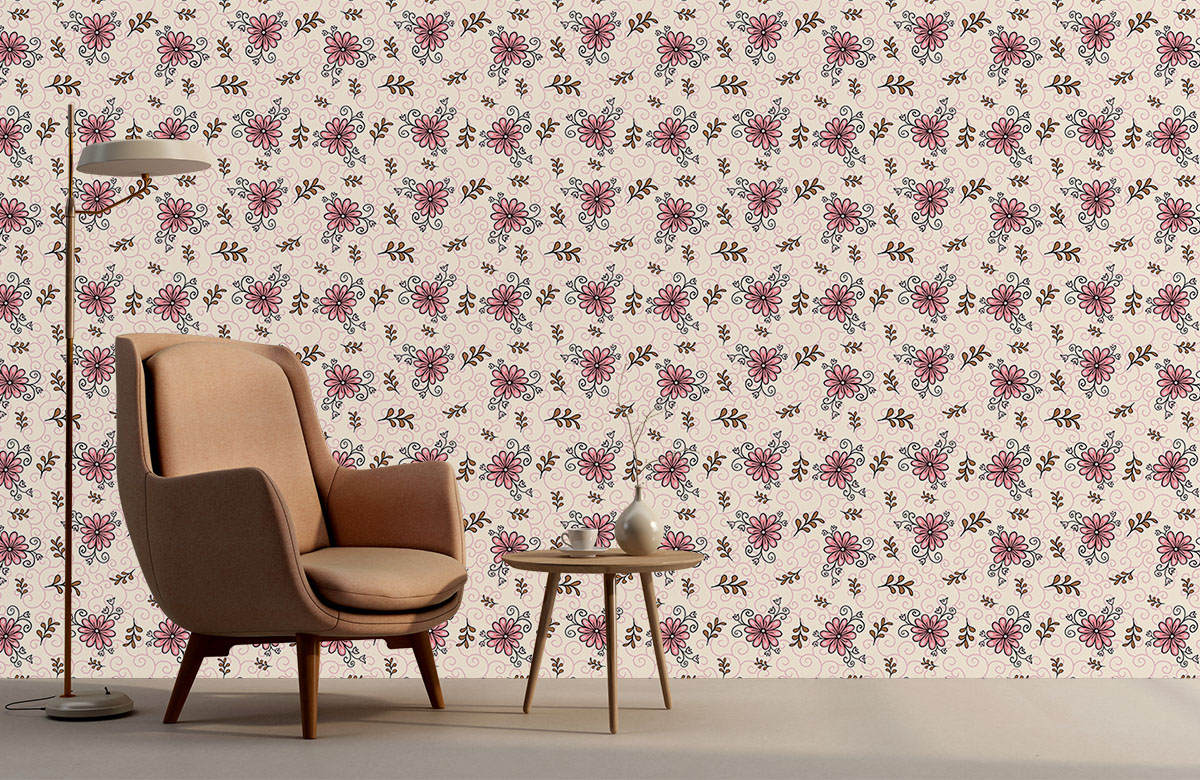 peach-floral-design-Singular design large mural-with-chair