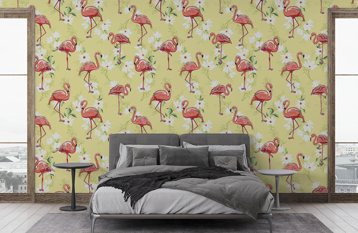 flaming-on-yellow-background-wallpapers-in-front-of-bed