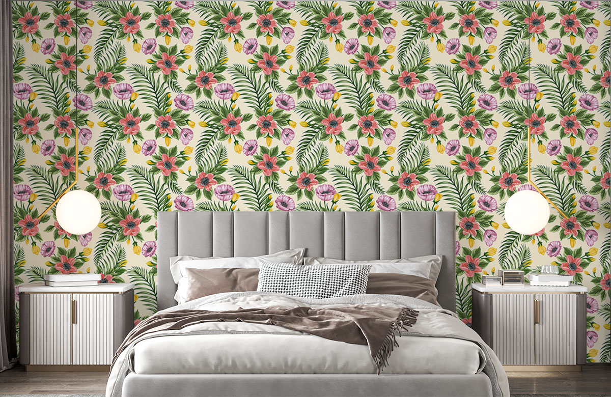 multi-coloured-flowers-in-watercolour-wallpapers-in-front-of-bed