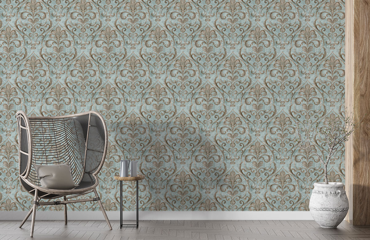 teal-damask-design-Singular design large mural-with-chair