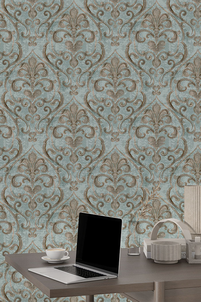 teal-damask-Singular design large mural-with-side-table