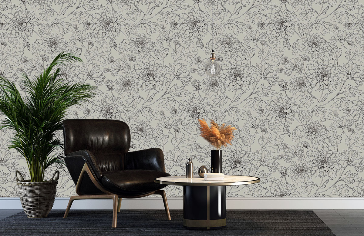 beige-flowers-design-Seamless design repeat pattern wallpaper-with-chair