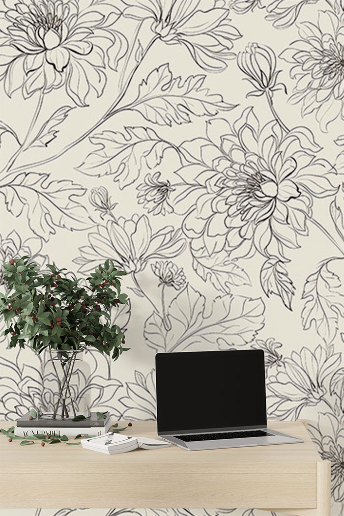 beige-flowers-Seamless design repeat pattern wallpaper-with-side-table