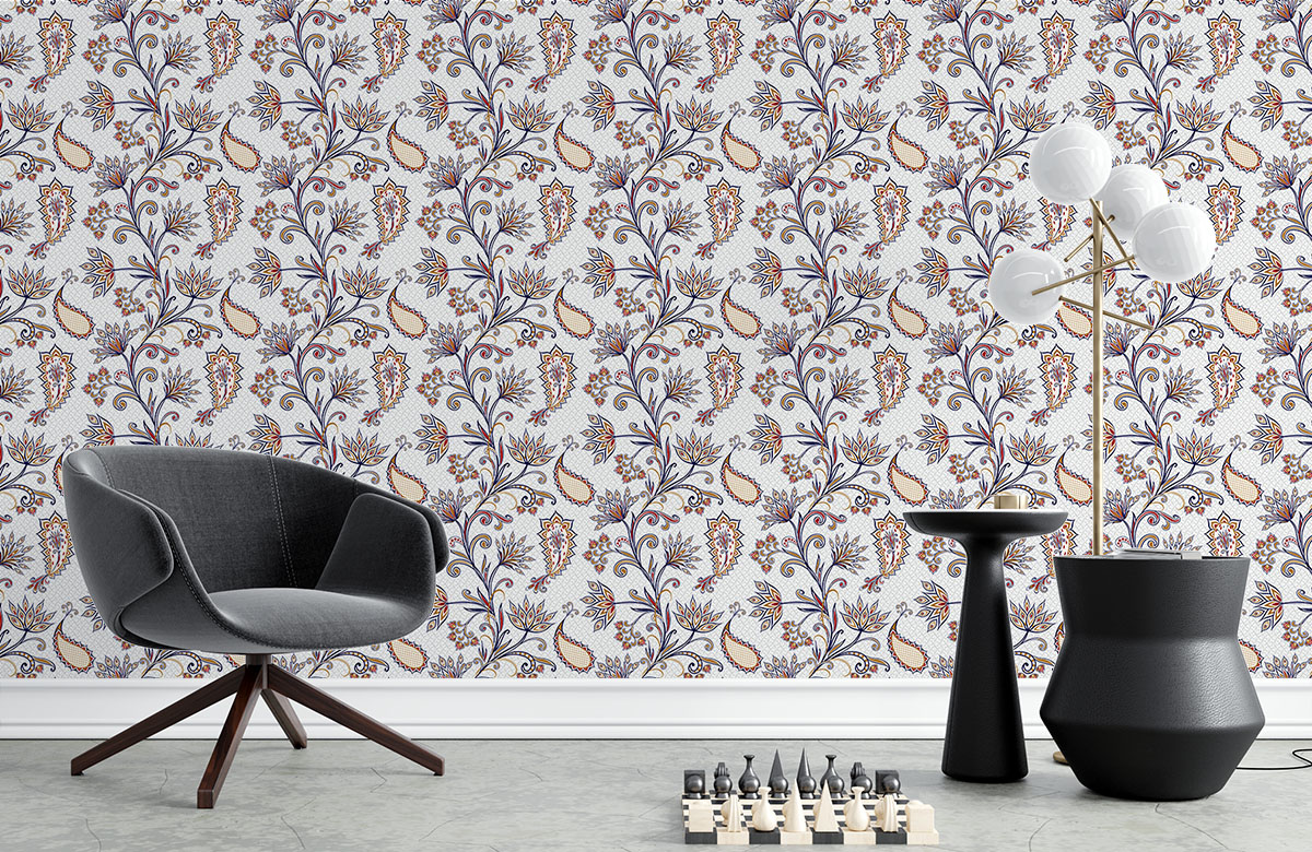 white-paisley-design-Singular design large mural-with-chair