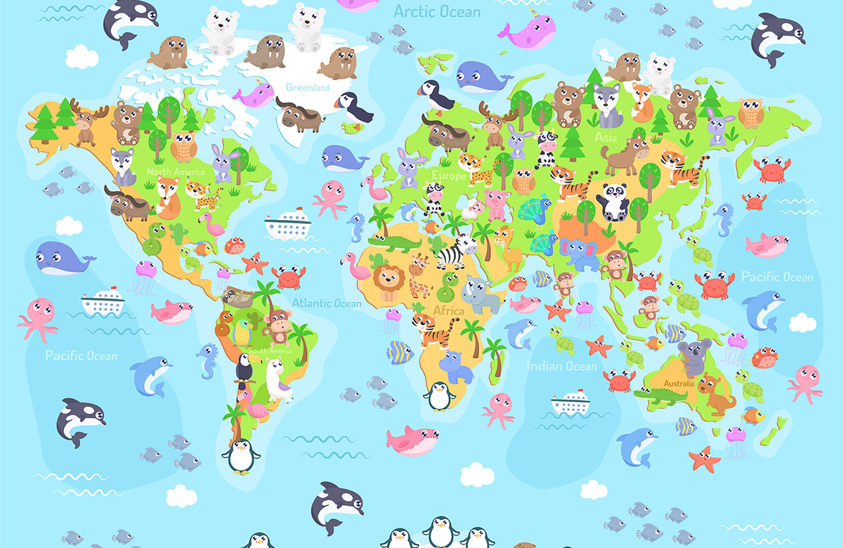 blue-world map-design-Singular design large mural-roll