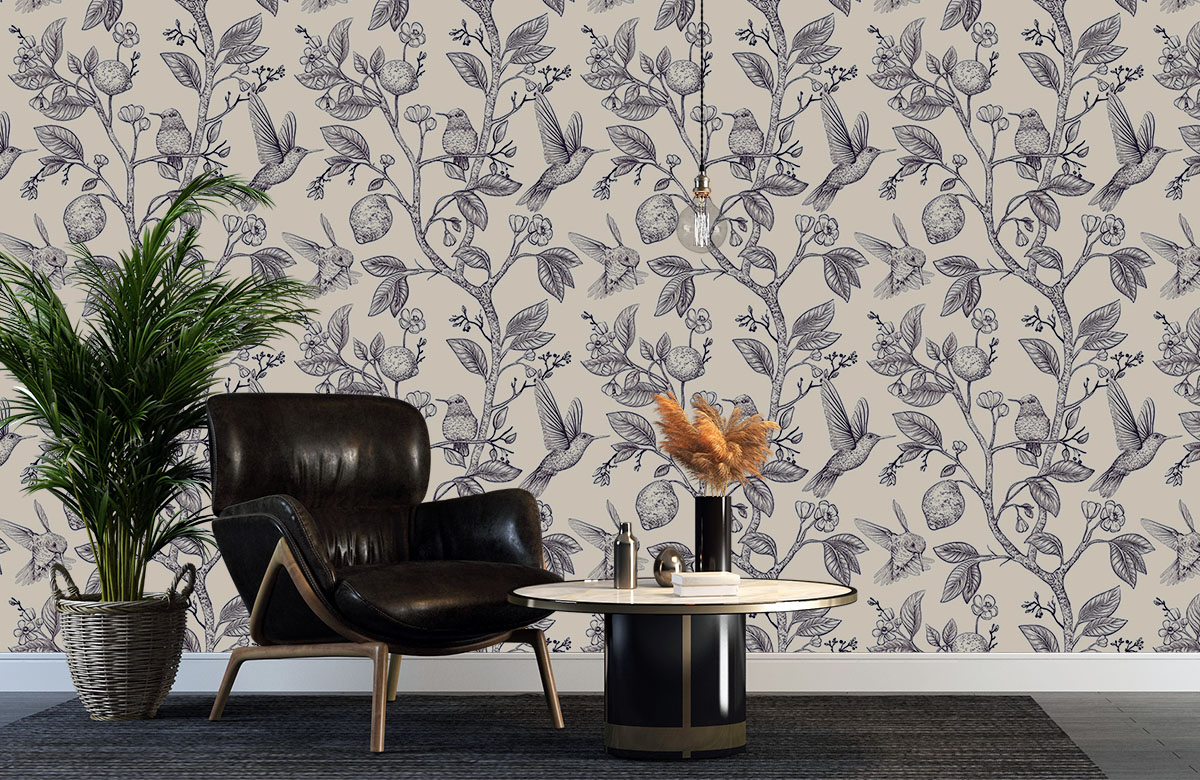 beige-birds-design-Seamless design repeat pattern wallpaper-with-chair