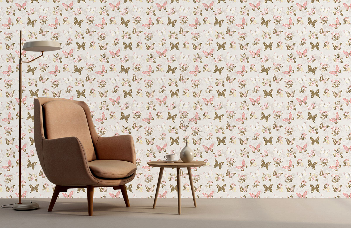 cream-butterfly-design-Singular design large mural-with-chair